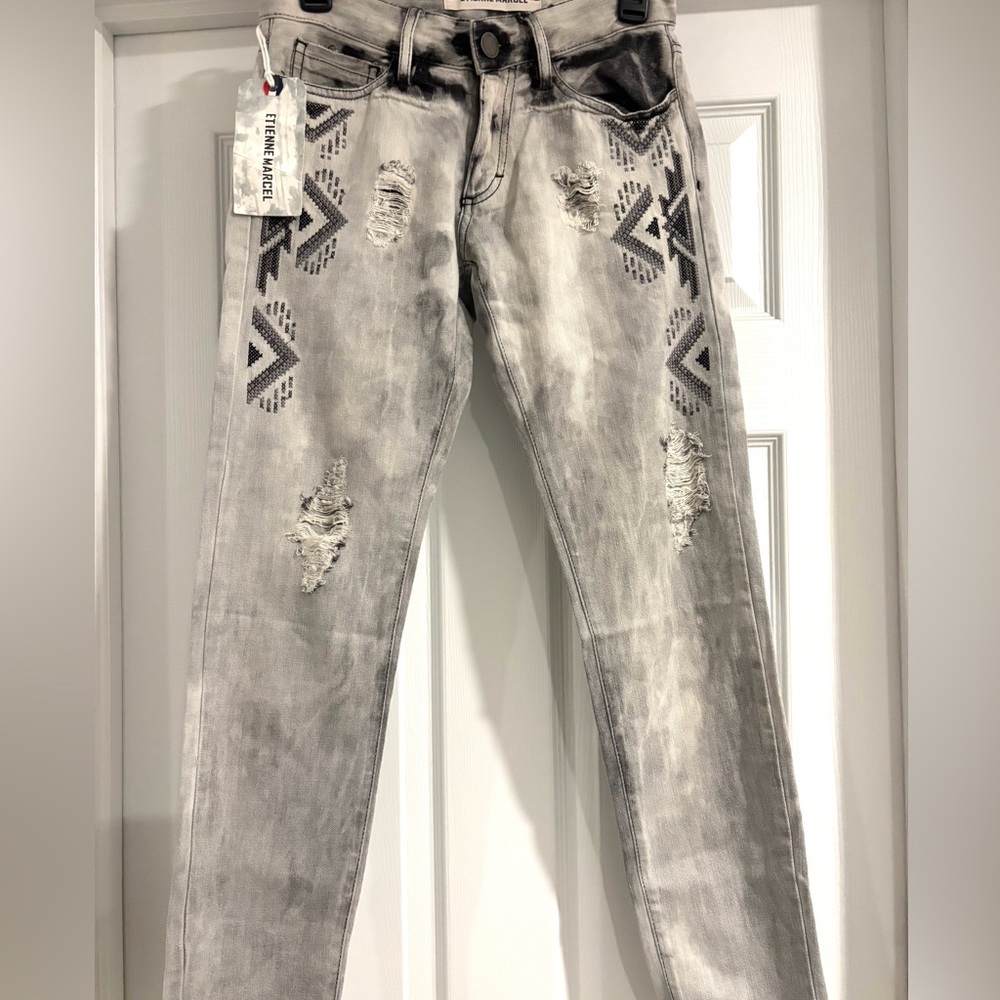 Gray, black, and white Distressed Jeans